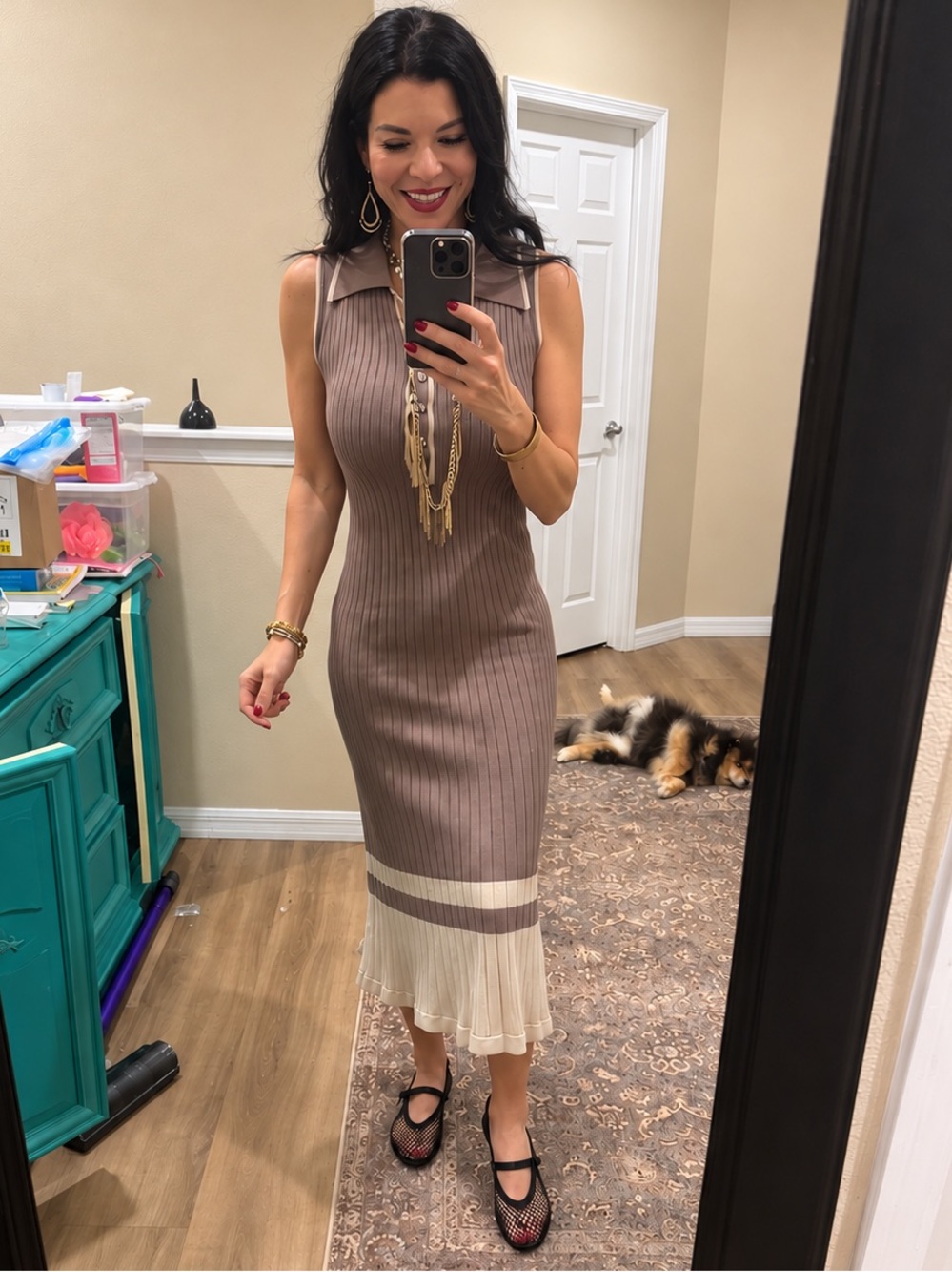 NWOT Entro Taupe Ribbed Polo Midi Dress with Cream Trim